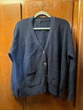 J. Crew Navy Ribbed V-Neck Button Boyfriend Cardigan